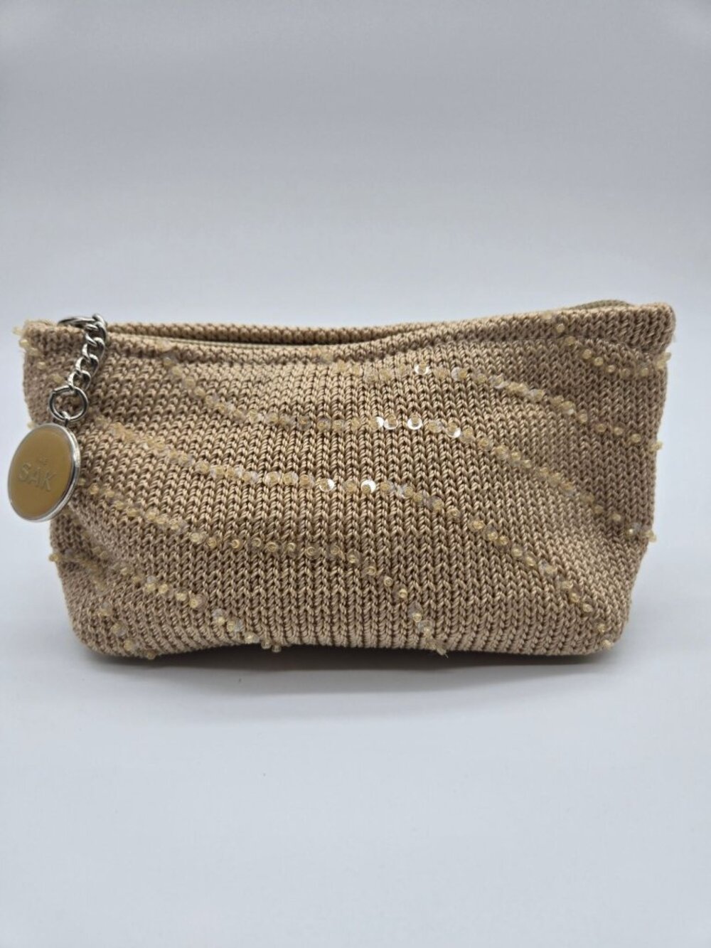 The Sak Tan Crochet Sequin Cosmetic Pouch Zip Makeup Bag Clutch